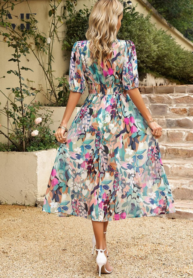Women's spring floral midi dress with stylish puff sleeves, V-neck, and comfortable elastic waist.