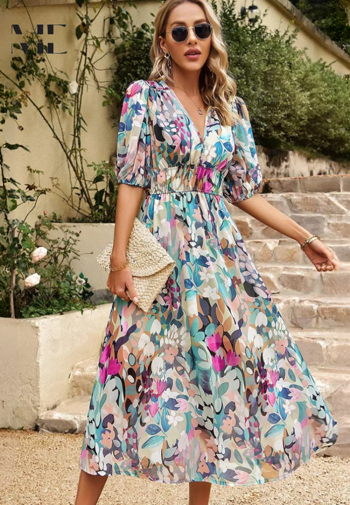 Beautiful V-neck floral midi dress for women, perfect for spring/summer parties or vacations.