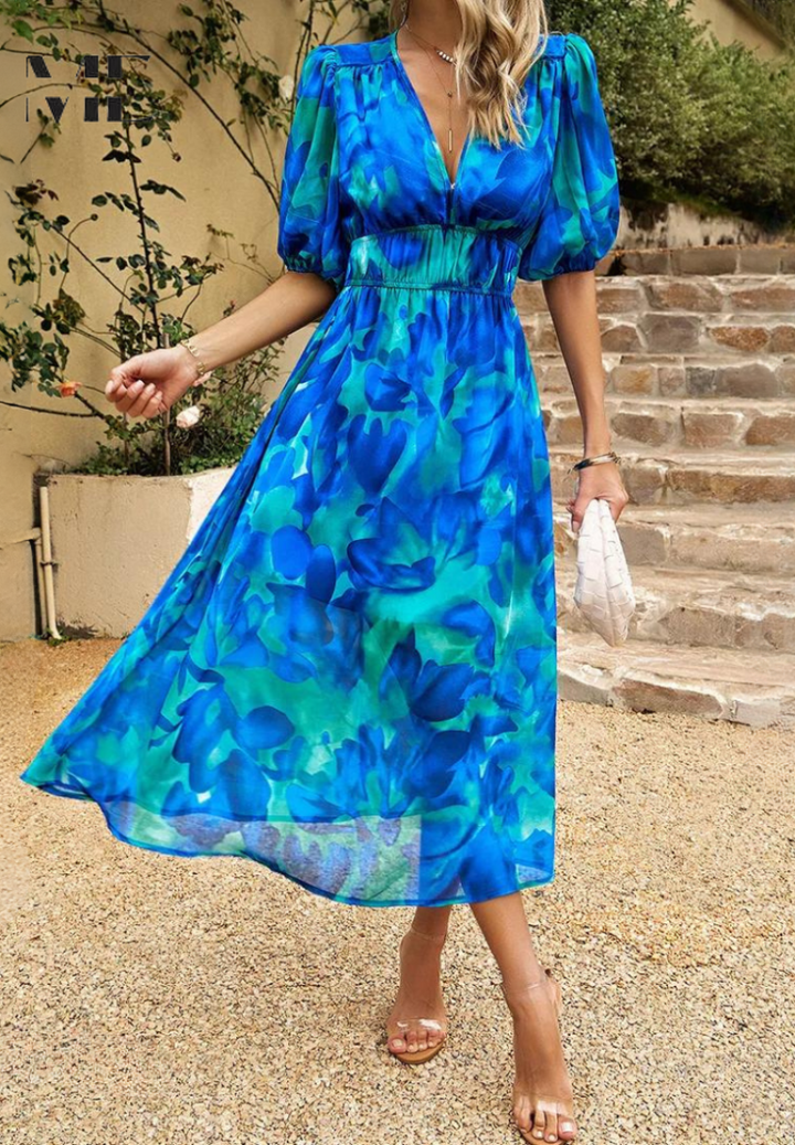 Women's elegant party dress: floral V-neck midi with charming puff sleeves and A-line design.