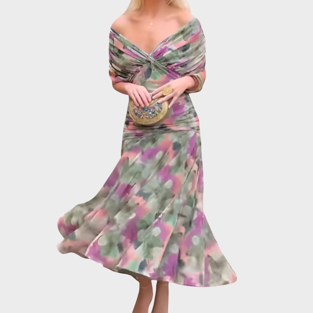 Elegant floral off-shoulder long sleeve dress for women. Perfect party & evening wear.
