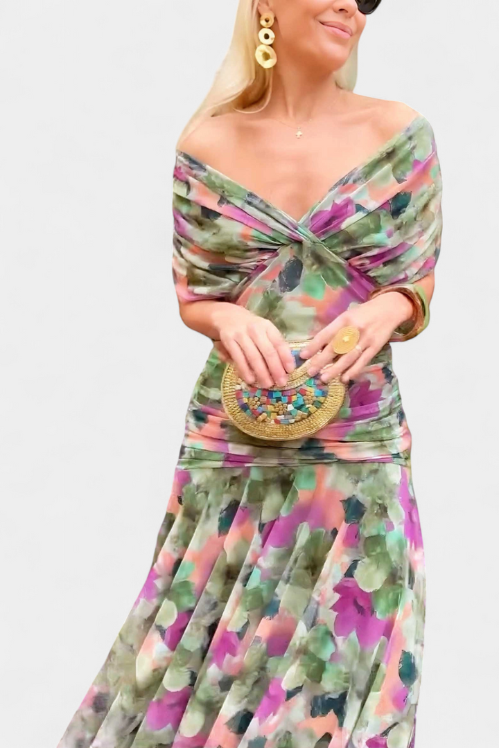 Romantic floral off-shoulder long sleeve dress. An elegant women's evening party gown.