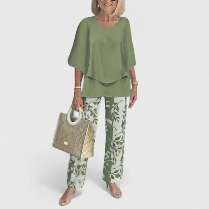 Women's elegant floral print summer two-piece set, chiffon top & wide-leg pants.