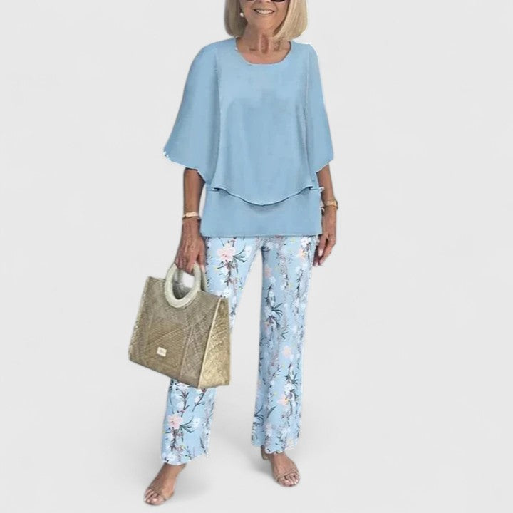 Women's elegant floral print two-piece set, featuring a flowy chiffon top.