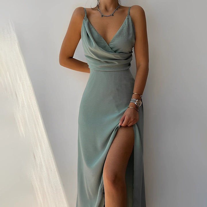 Chic flowy summer maxi dress for women, excellent for evening events & vacation style.