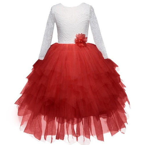 Elegant girls' backless ruffle lace party dress in white, perfect for flower girl or birthday.