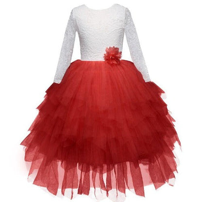 Elegant girls' backless ruffle lace party dress in white, perfect for flower girl or birthday.