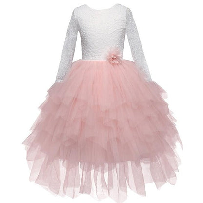 Close-up of intricate lace detail on the bodice of a girls' backless ruffle party dress.