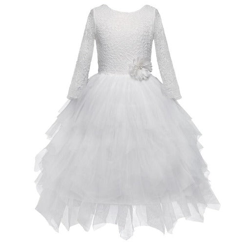 Stylish girls' birthdaydress: white backless ruffle lace design with flowing skirt.