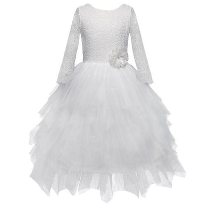 Stylish girls' birthdaydress: white backless ruffle lace design with flowing skirt.