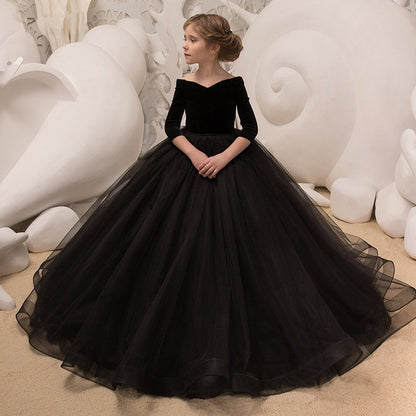 Elegant girls' black off-shoulder A-line fleece gown for formal special occasion party