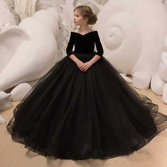 Elegant girls' black off-shoulder A-line fleece gown for formal special occasion party