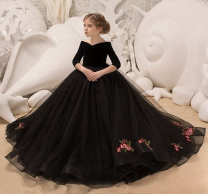 Stylish off-shoulder V-line A-line fleece gown for girls, ideal for parties and events