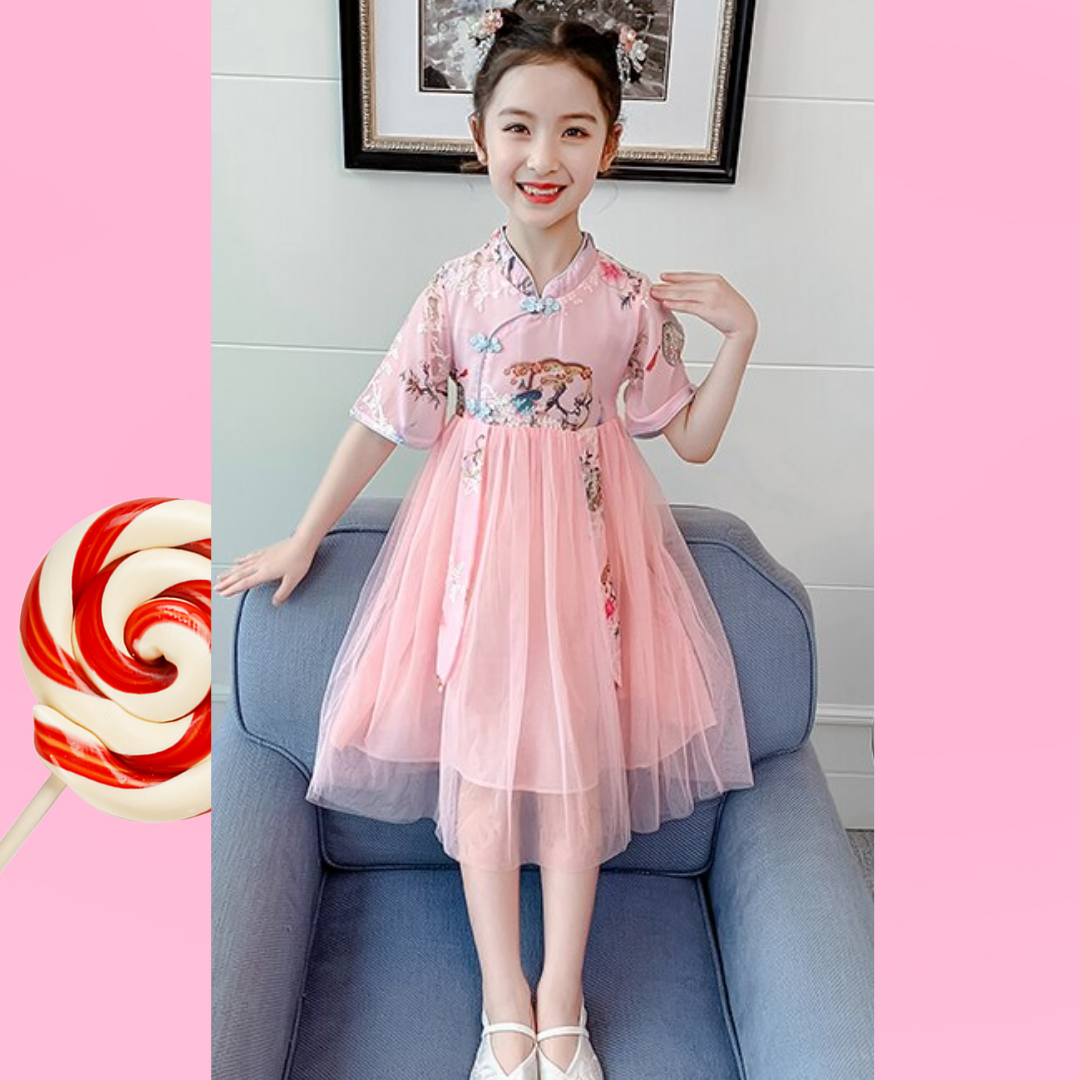 Traditional Chinese cheongsam for girls with a unique tree print design, ideal for festive events & kids' cultural wear.