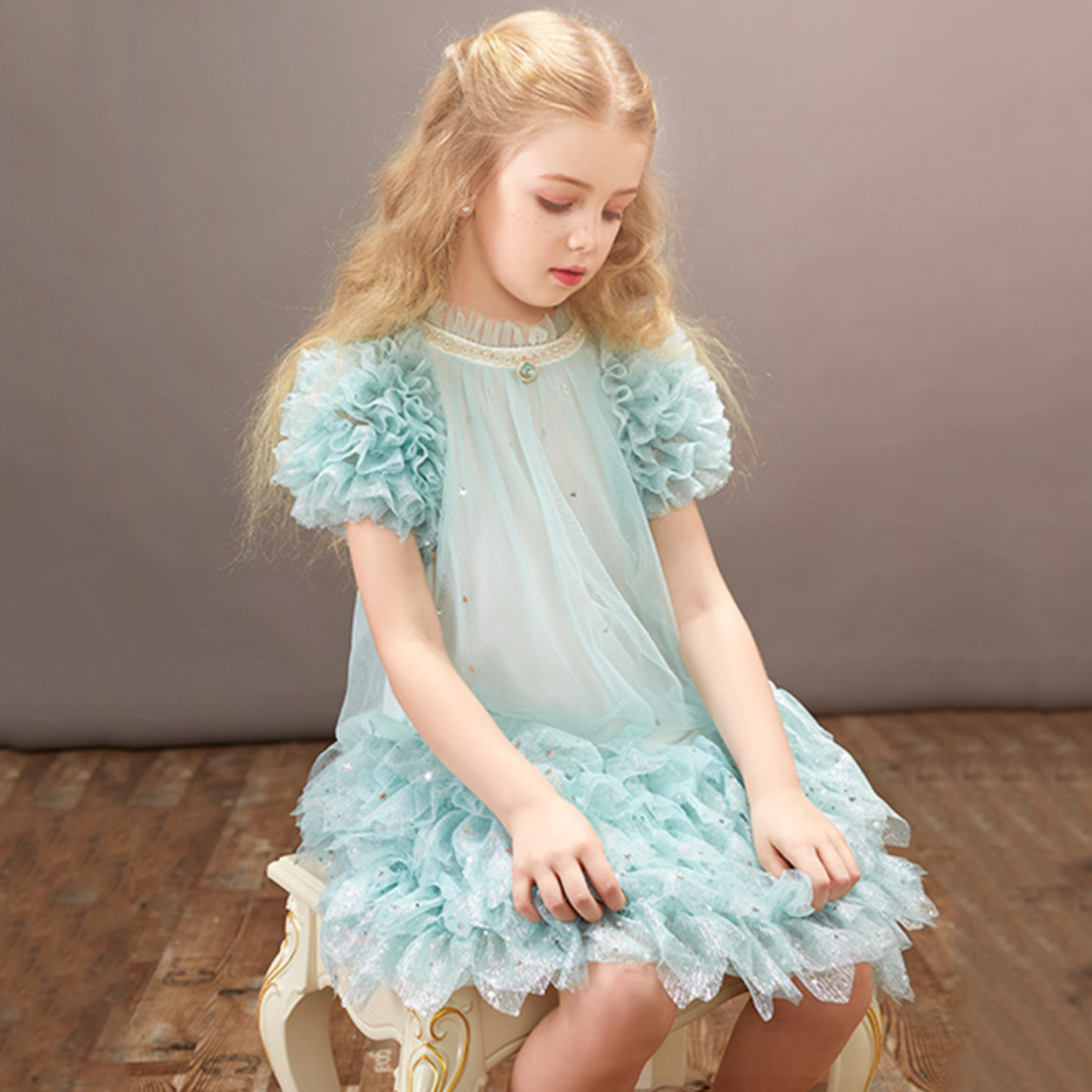 Soft dotted tulle party dress for girls, featuring charming ruffle sleeves & a comfortable fit for kids' fashion.