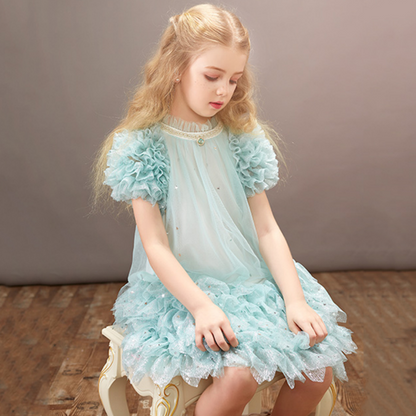 Soft dotted tulle party dress for girls, featuring charming ruffle sleeves & a comfortable fit for kids' fashion.