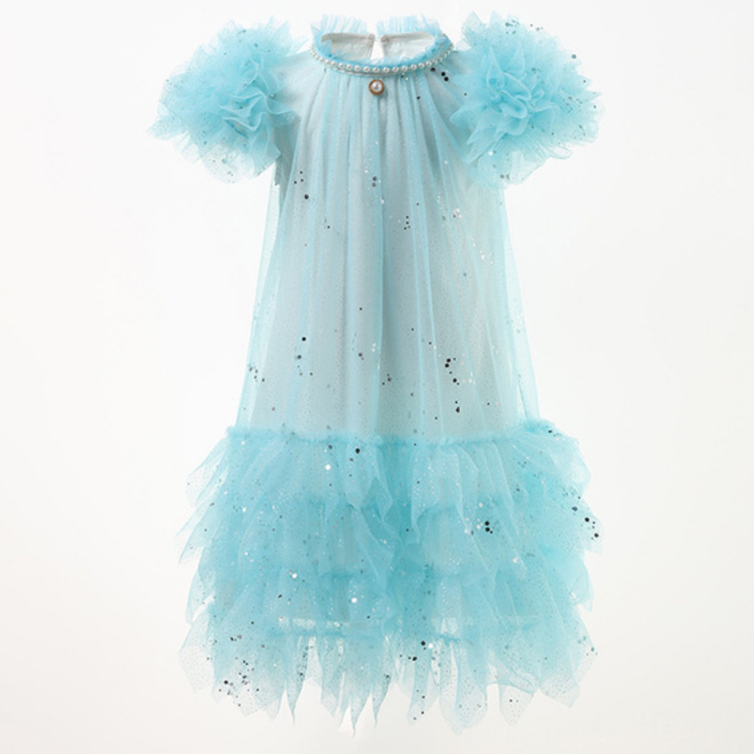 Stylish girls' birthday dress: white dotted tulle with ruffled sleeves, a beautiful piece of baby clothing.