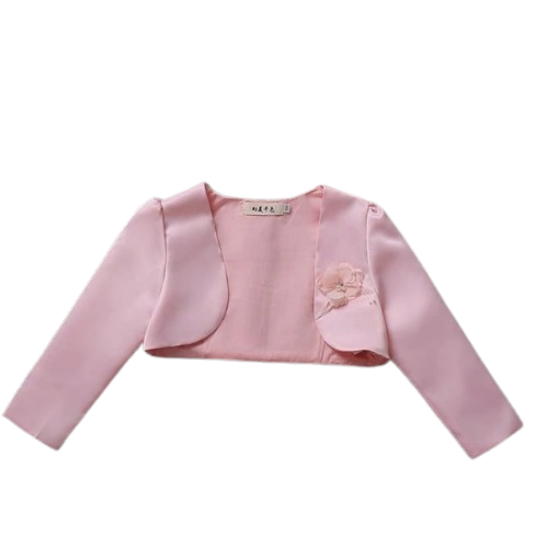 Elegant girls' flower bolero jacket in white, perfect for special occasions & party wear