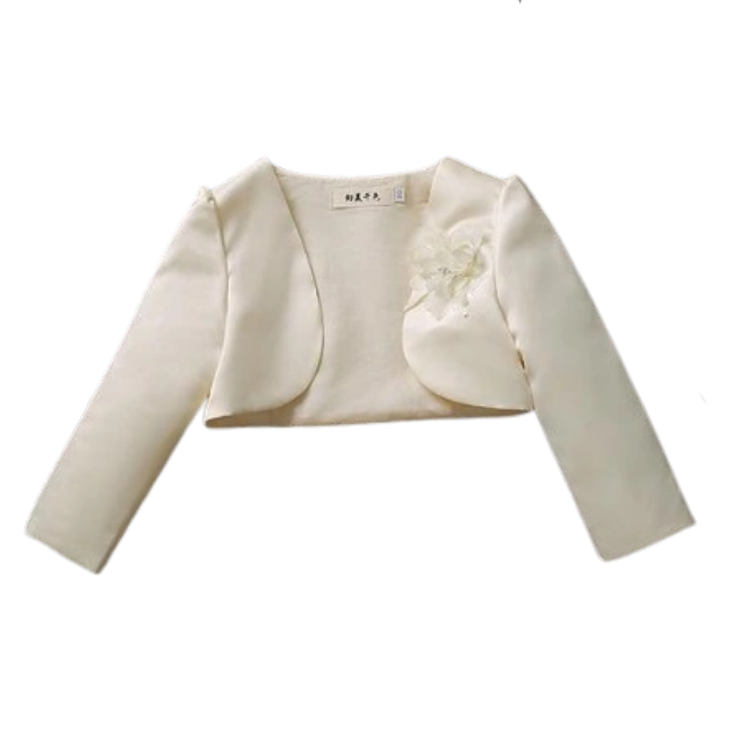 Close-up of the delicate flower detail on a girls' elegant bolero jacket, cotton blend