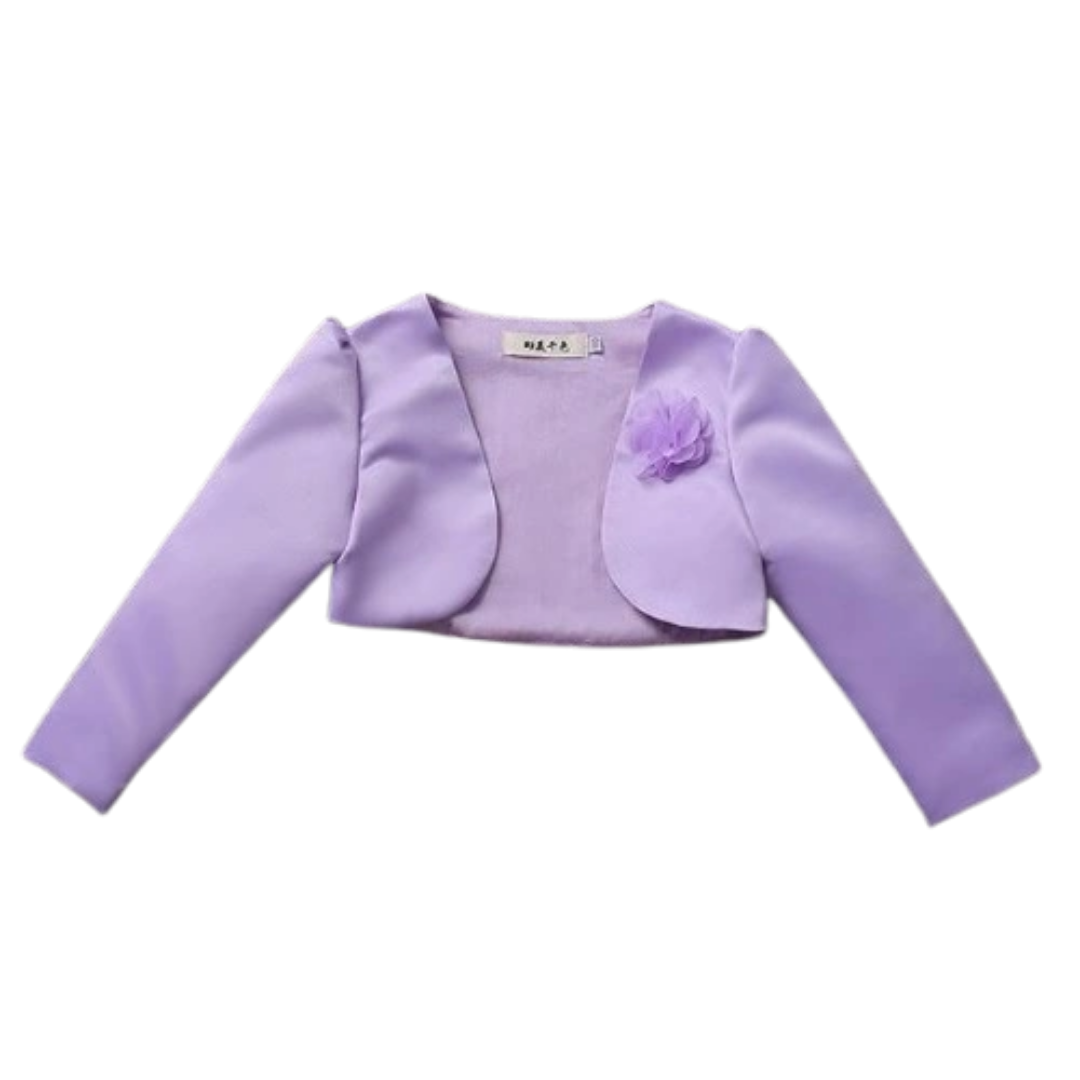 Toddler girl wearing a white flower bolero jacket over a dress, ideal for special events