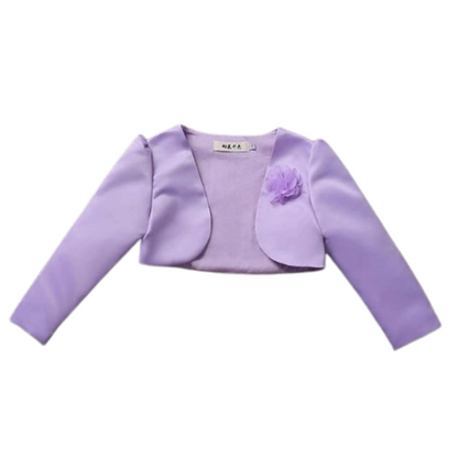 Toddler girl wearing a white flower bolero jacket over a dress, ideal for special events