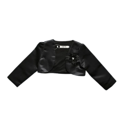 Back view of a white girls' flower bolero jacket, showing its elegant design and fit