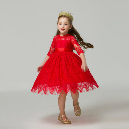Elegant girls' ivory lace party dress with ribbon detailing, perfect for special occasions