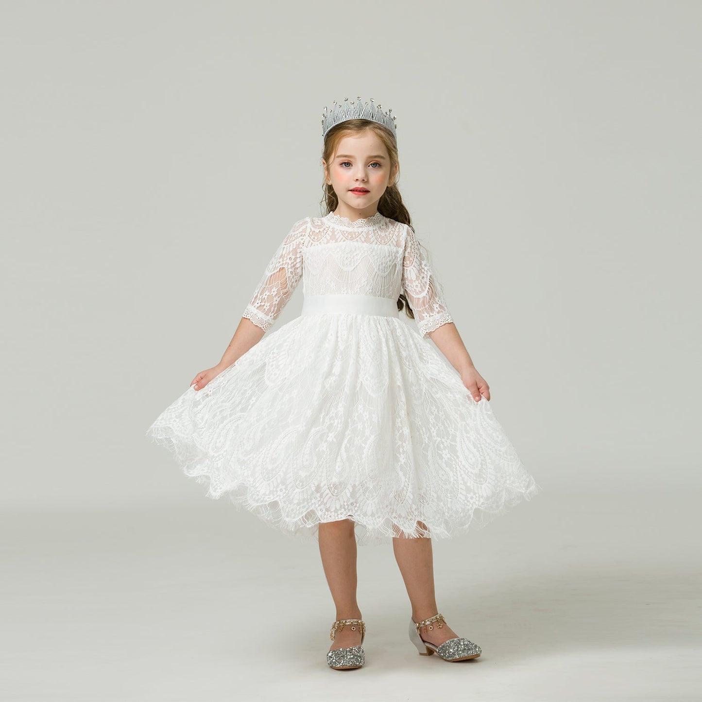 Girls' cotton lace dress with a stylish ribbon sash, a charming kids' fashion party outfit