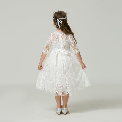 Back view of an elegant girls' lace dress featuring a decorative ribbon tie closure