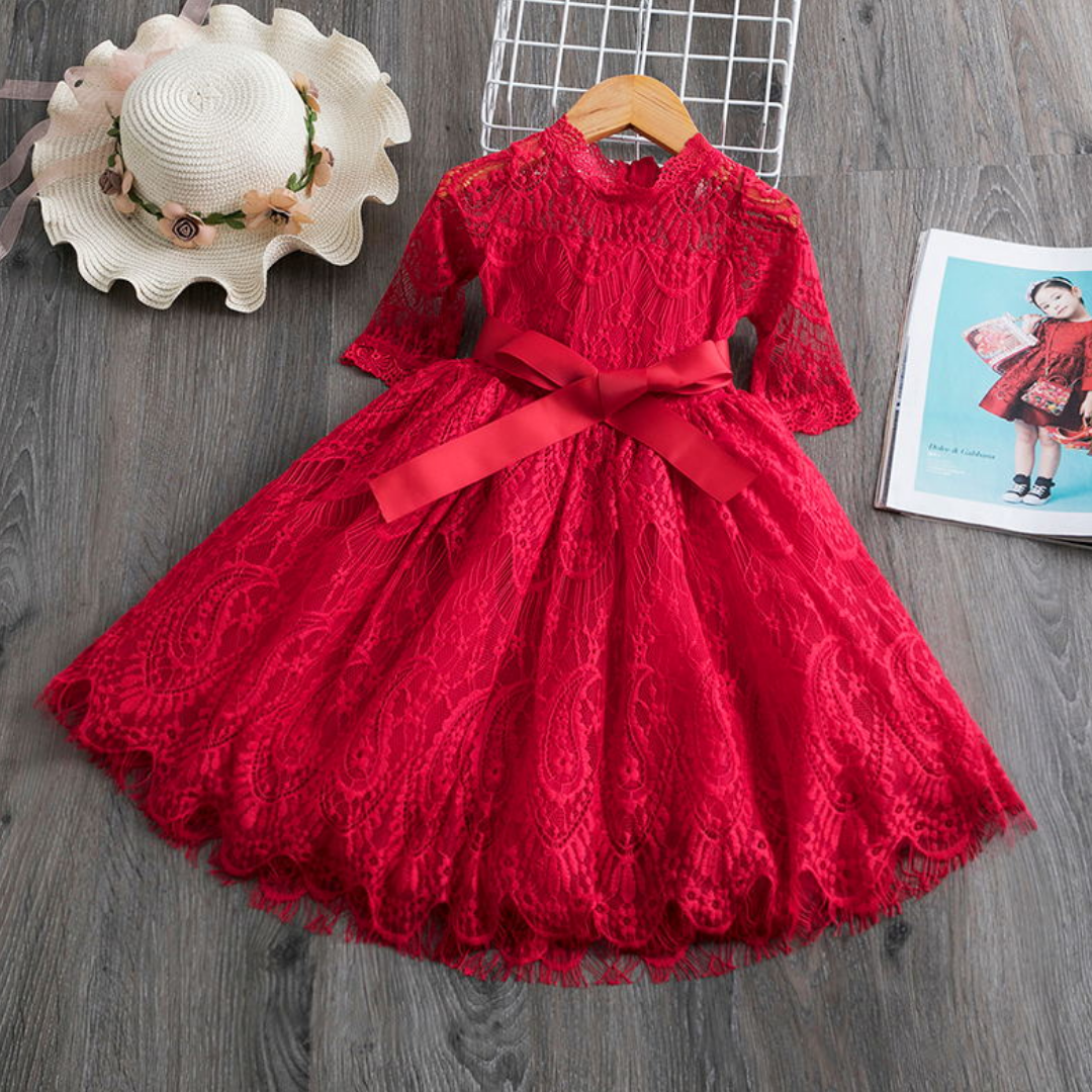 White long sleeve lace and ribbon dress for a little girl, suitable for any celebration