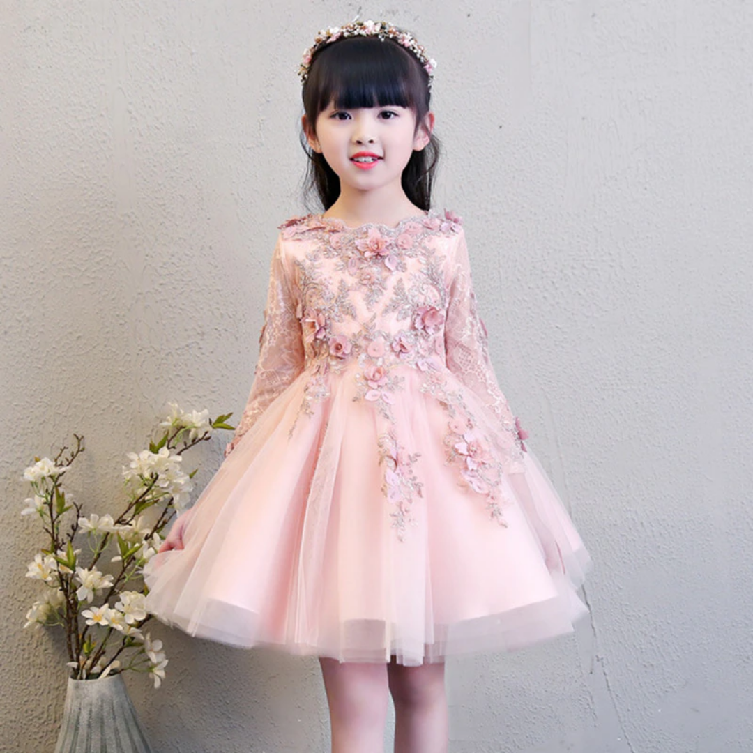 Elegant girls' lace floral applique party gown in pink with satin sash, perfect for special occasions.