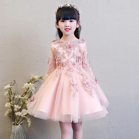 Elegant girls' lace floral applique party gown in pink with satin sash, perfect for special occasions.