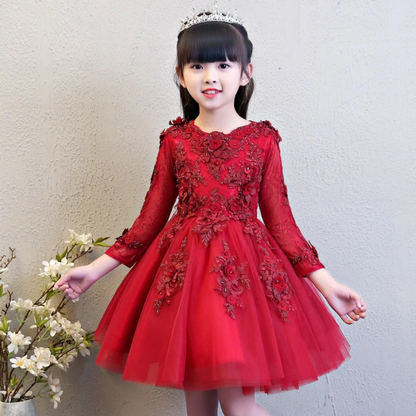Toddler girl in a white lace floral applique party dress, ideal for weddings or formal celebrations.