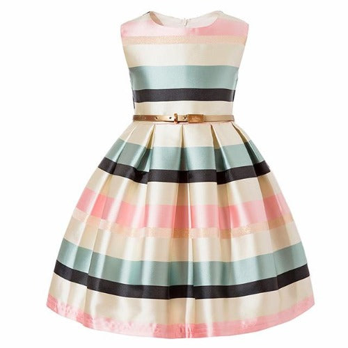 Elegant girls' sleeveless striped party dress with V-neck, perfect for toddler fashion in soft cotton.