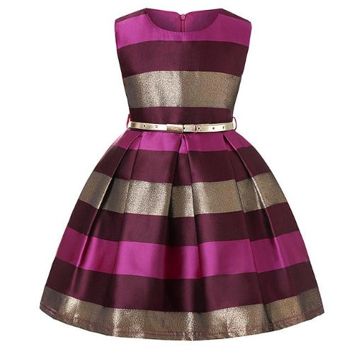 Toddler girl's striped party dress, sleeveless with V-neck, ideal for special occasions and kids' fashion.