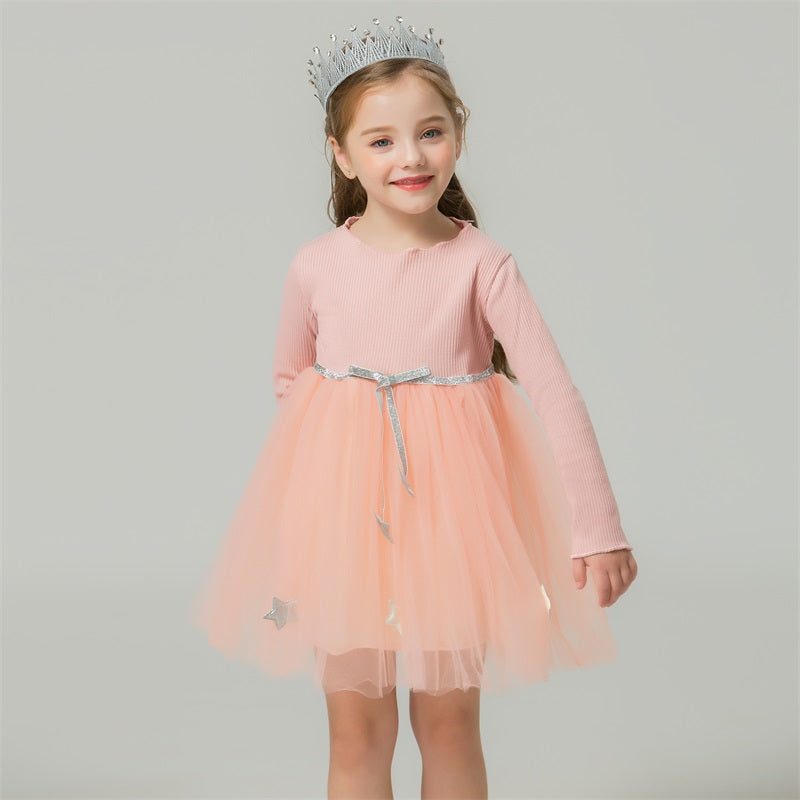 Elegant girls' star mesh long sleeve dress in pink, perfect for parties & toddler fashion.