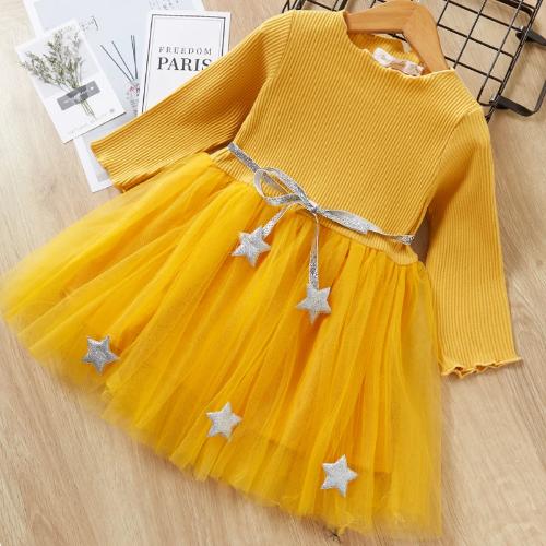 Girls' star mesh long sleeve dress with a full skirt, ideal for special occasions and kids' wear.