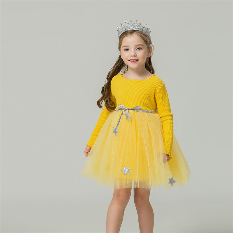Girls' cotton star mesh long sleeve dress in a vibrant color, a cute and elegant toddler outfit.