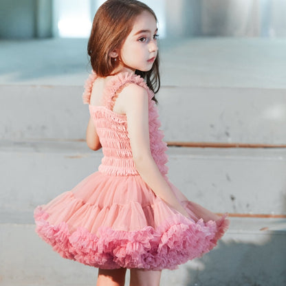 Elegant girls' striped ruffle princess dress; sleeveless cotton & mesh tutu for summer parties