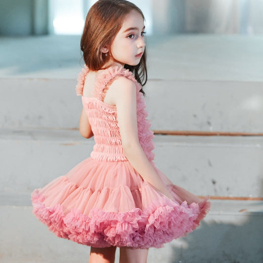 Elegant girls' striped ruffle princess dress; sleeveless cotton & mesh tutu for summer parties