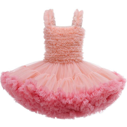 Cute toddler girl in a pink and white striped ruffle mesh princess dress, perfect for summer