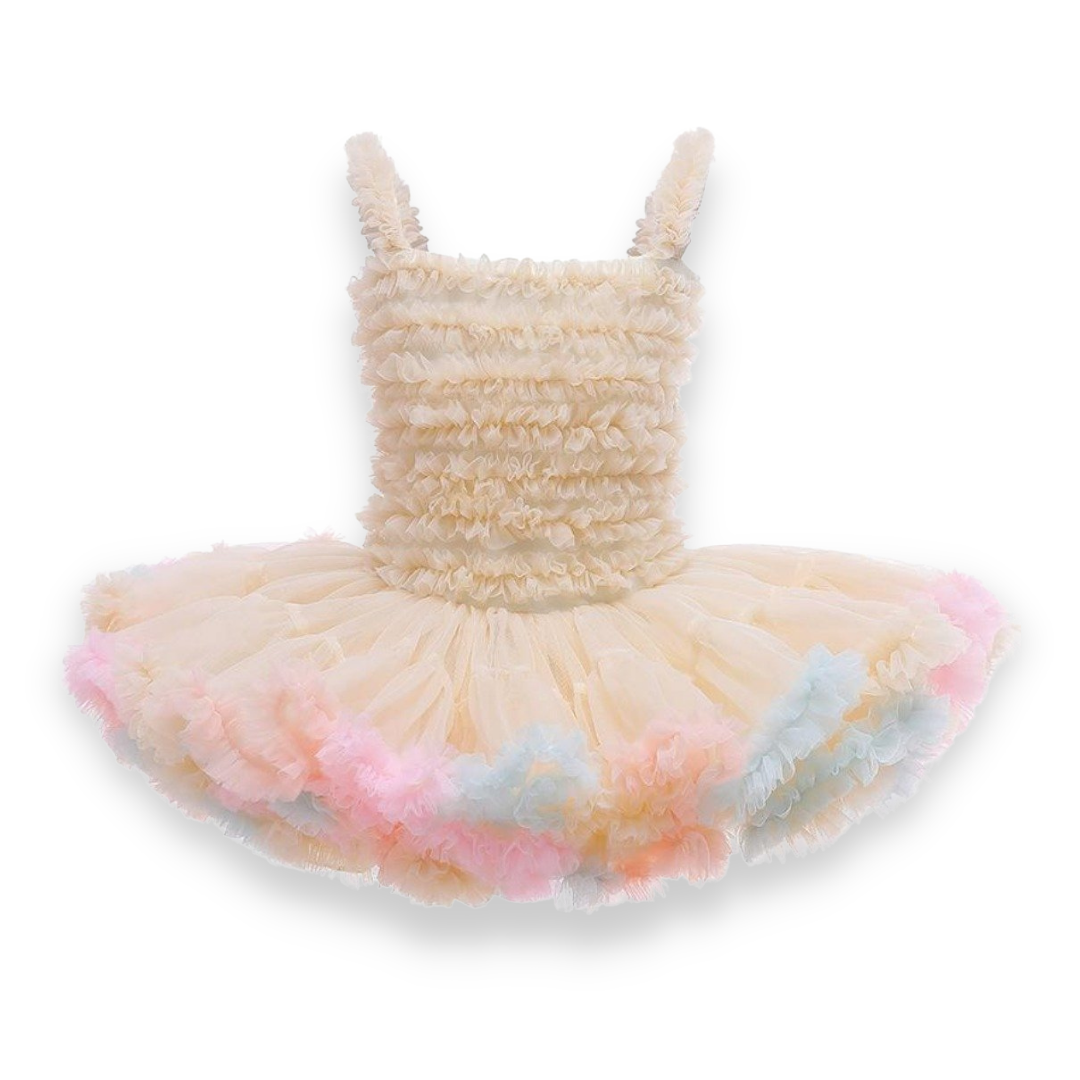 Close-up of the delicate mesh and ruffle details on a sleeveless girls' summer princess dress