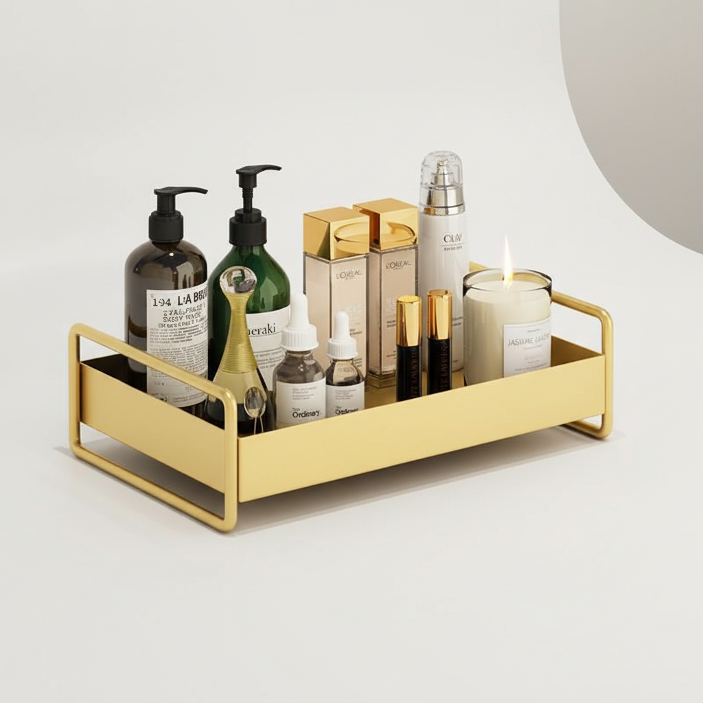 Modern GlamBoard bathroom organizer tray with gold accents for stylish countertop storage.