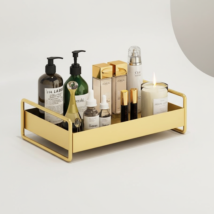 Modern GlamBoard bathroom organizer tray with gold accents for stylish countertop storage.