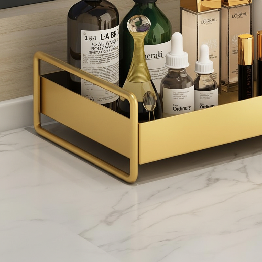 Stylish GlamBoard vanity tray for makeup & jewelry, a compact & elegant declutter solution.