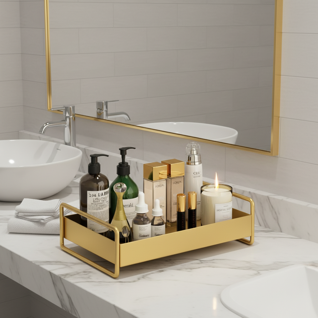 Versatile GlamBoard organizer tray for bathroom, vanity or countertop, an elegant storage solution.