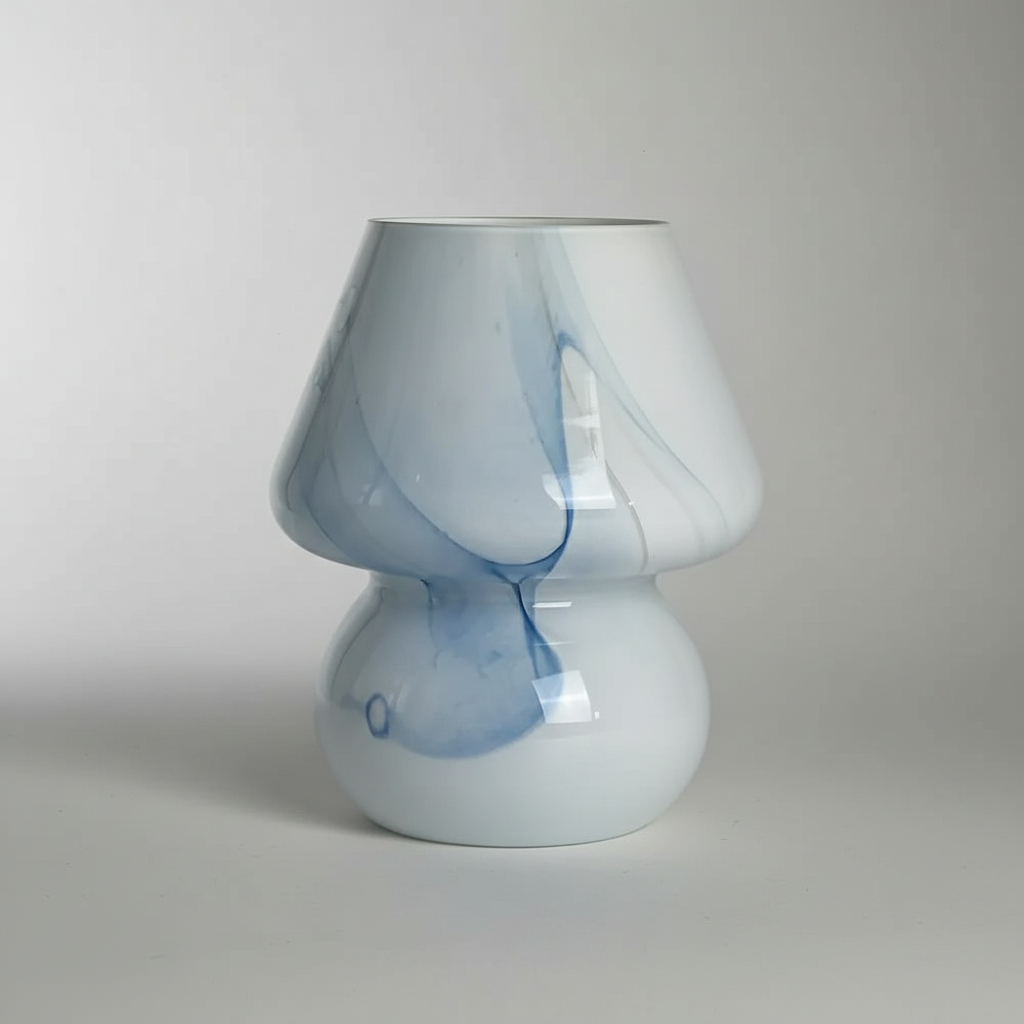 Unique AuraShroom glass mushroom lamp, combining modern decor with cozy lighting.