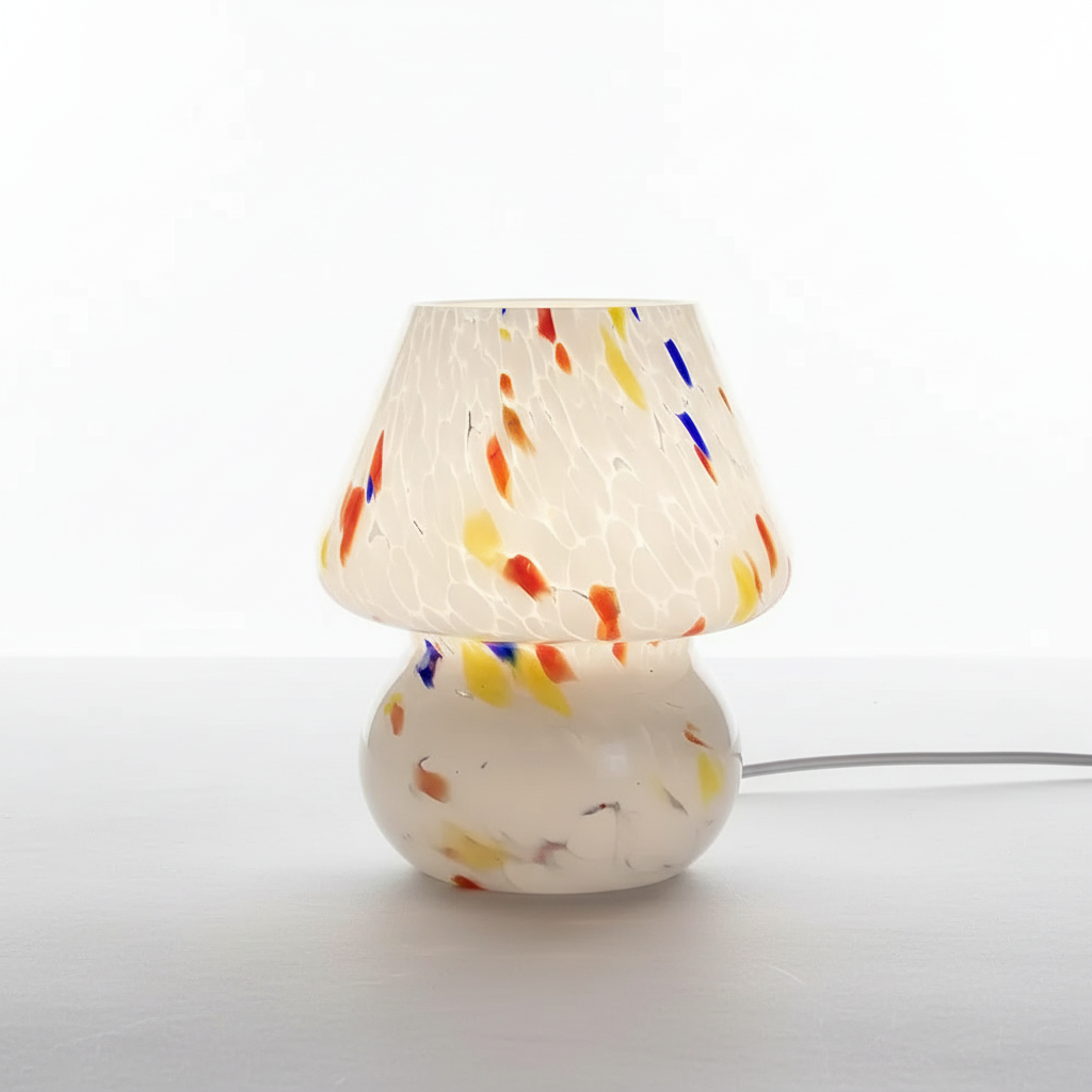 Bedroom glass mushroom lamp, offering gentle light and a distinctive aesthetic.