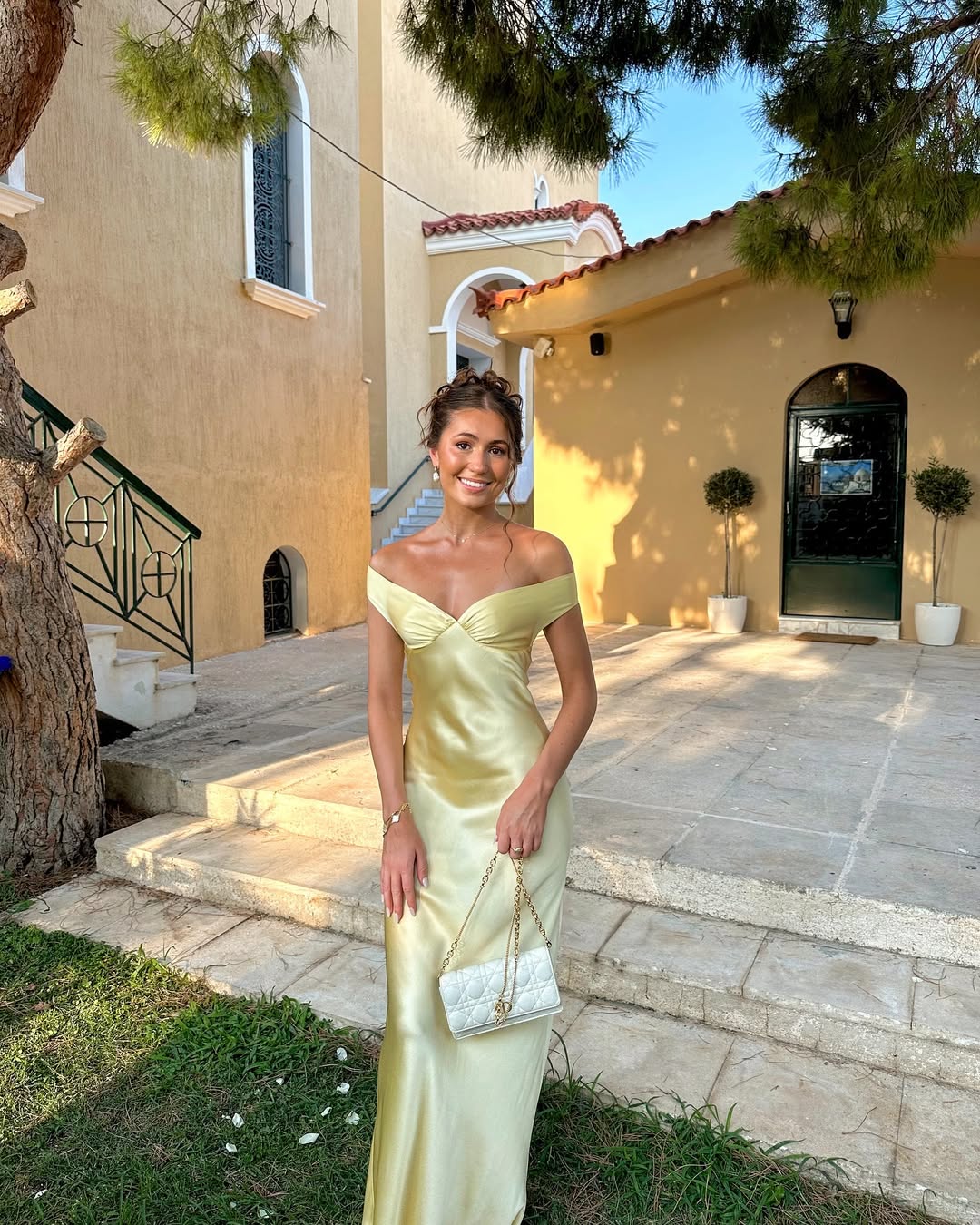 Stunning gold off-shoulder maxi gown, a perfect wedding guest or special occasion dress for women.