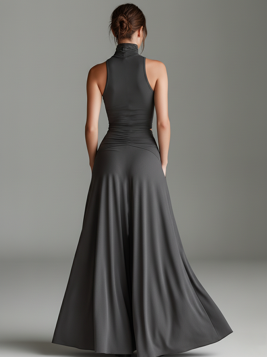 Women's elegant gray halter maxi dress with cutout waist, a perfect sleeveless formal or evening party dress.