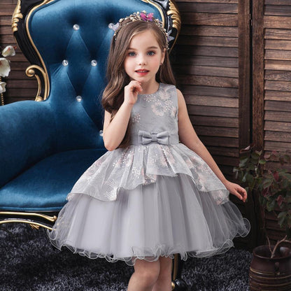 Elegant gray tulle princess ball gown for girls, perfect for special occasions & parties.
